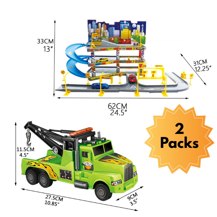 Urban Parking Garage Track Set w/ Cars + 11″ Friction Mega Tow Truck Toy