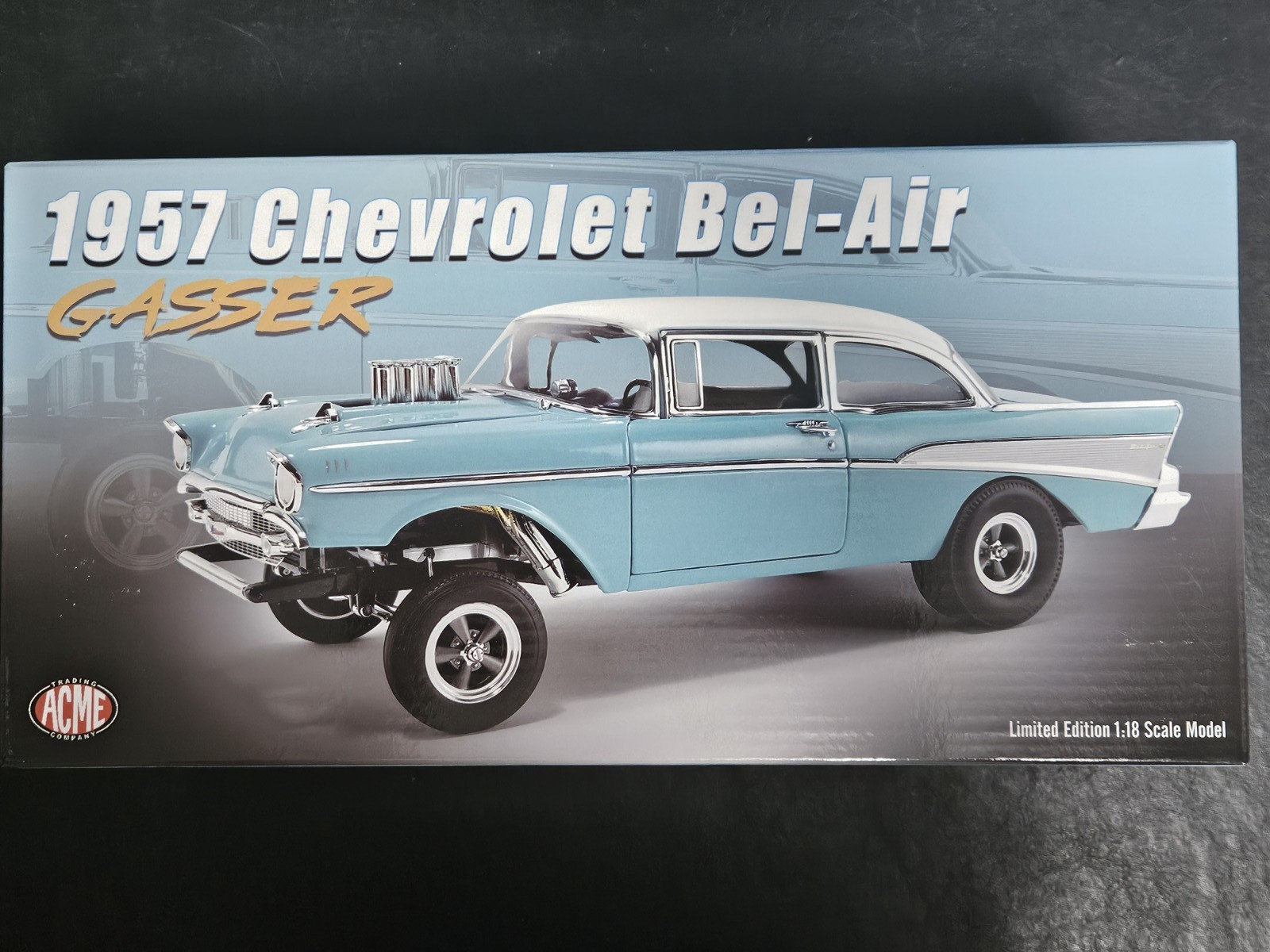 ACME 1:18 SCALE DIECAST 1957 CHEVROLET BEL-AIR GASSER IN LARKSPUR BLUE. NEW!!