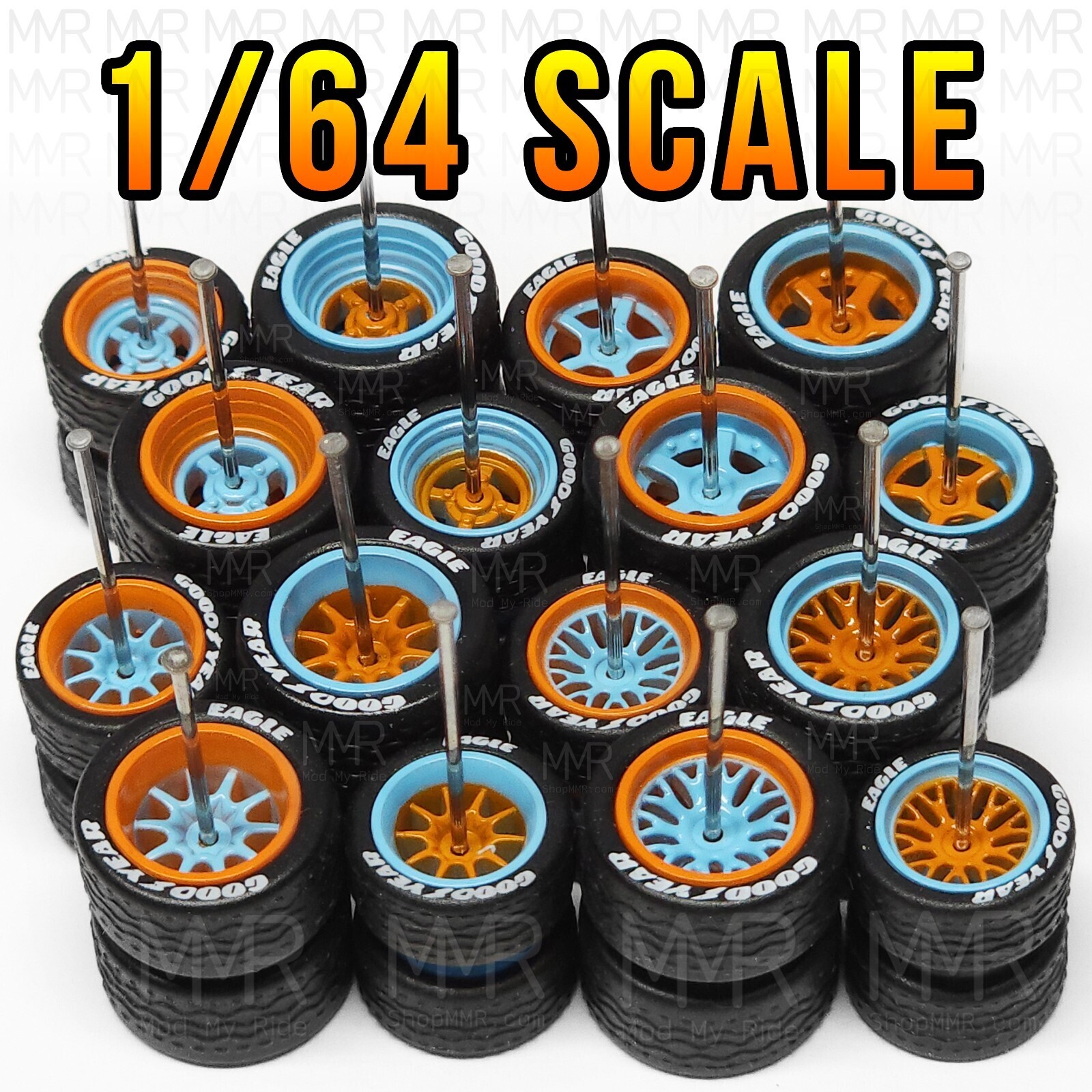 1/64 Scale GULF – Goodyear Letter Real Rider Wheels Rubber Rims Tire Set for Hot