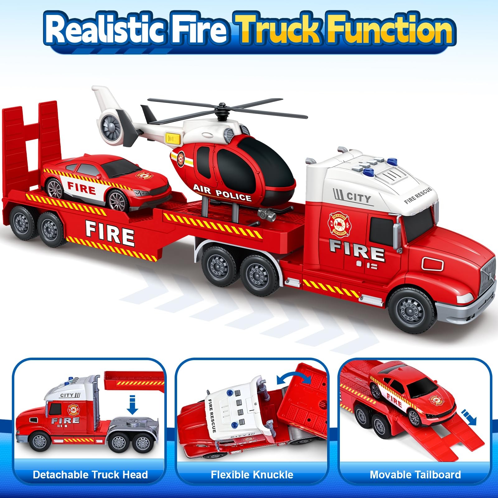 Boys Toys, 3 4 5 Large Fire Truck Toys with Lights Sounds, Truck Car with Rac…