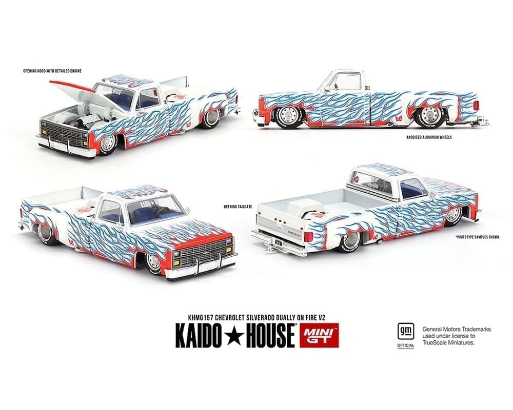 Kaido House 1:64 Chevrolet Silverado Dually on Fire V2 W/ Flames KHMG157-2C