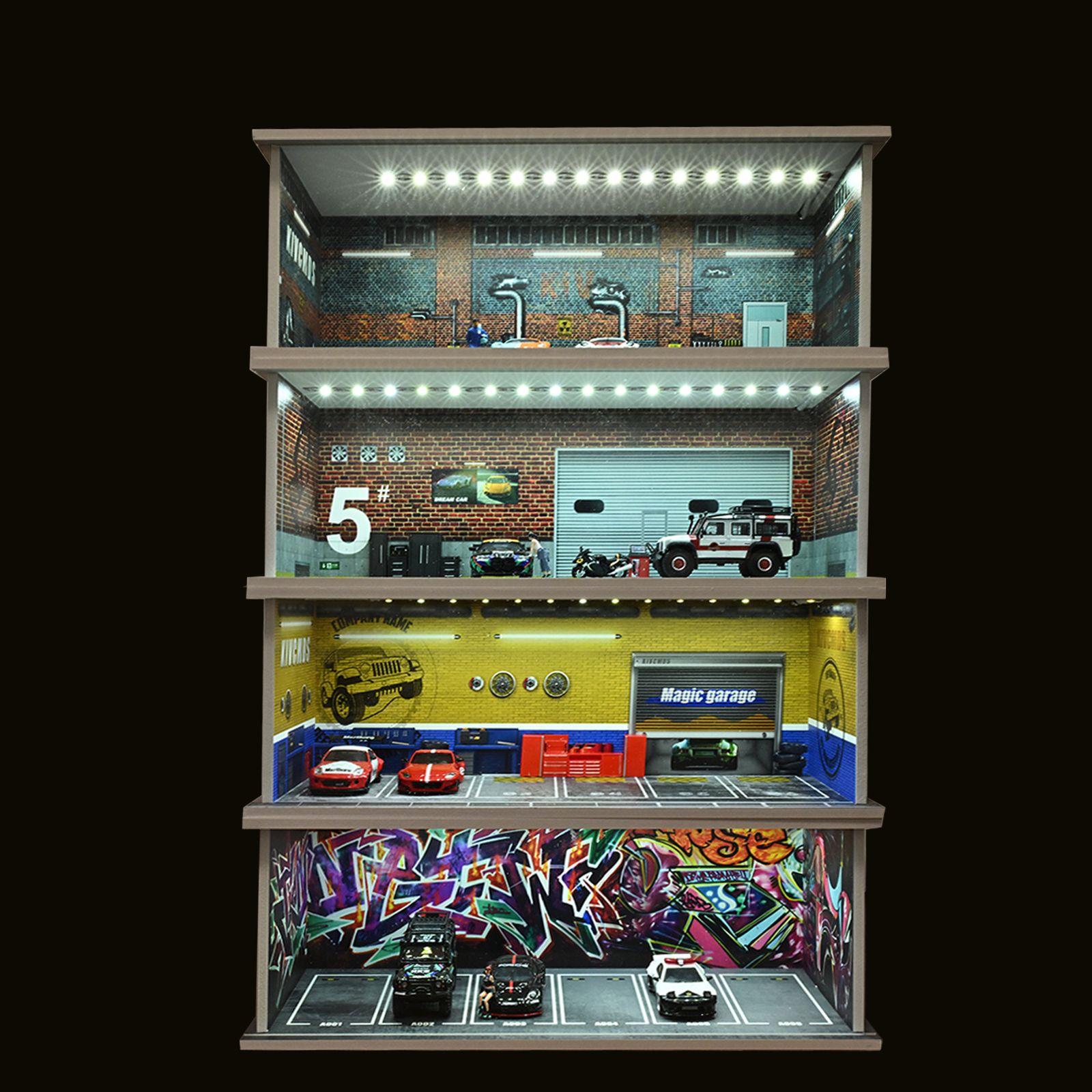 1/64 Diorama Die-cast Car Garage Model LED Lighting City Parking Lot Scene Model
