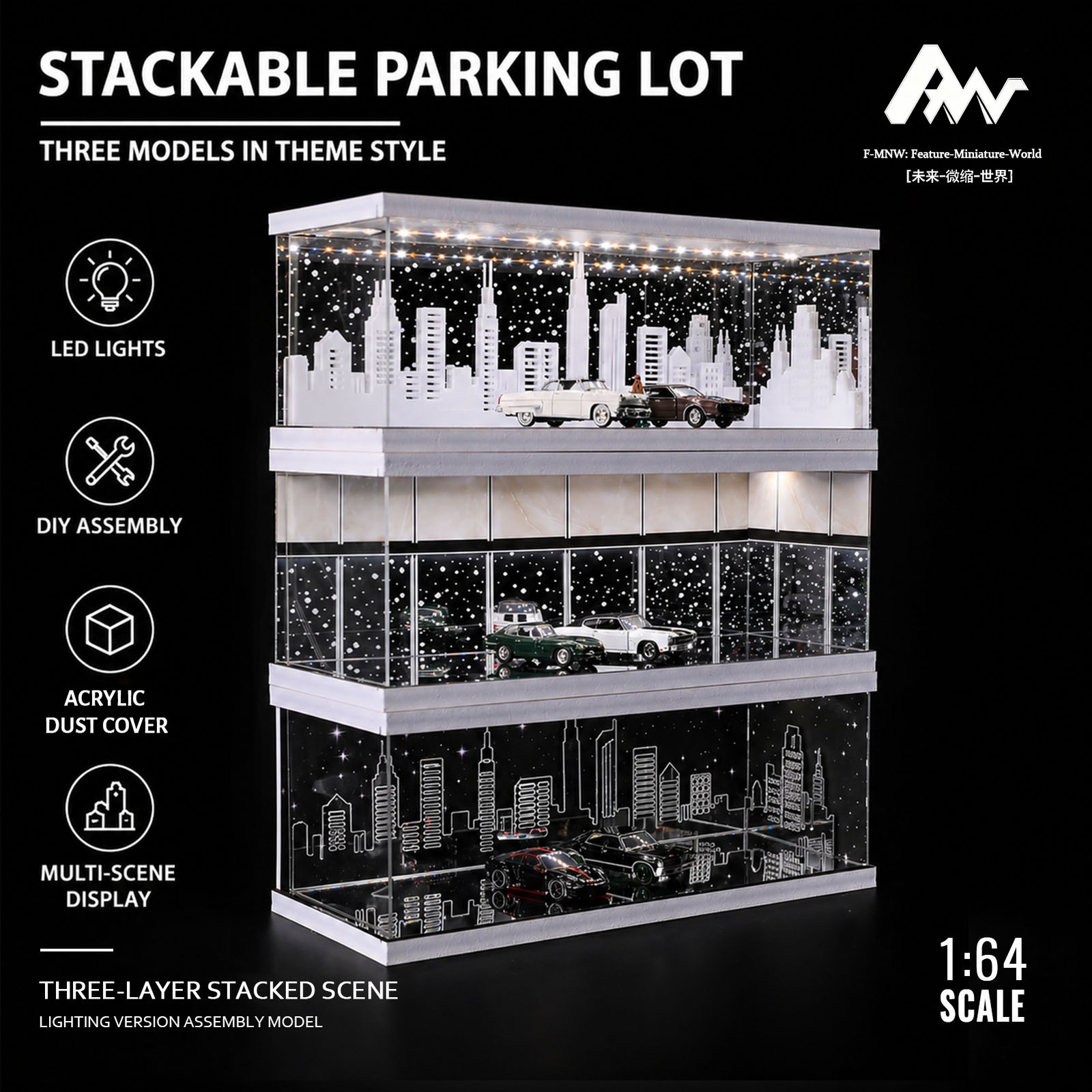 1/64Diorama Diecast Garage Model LED Parking Lot Scene Model Car Display Case US