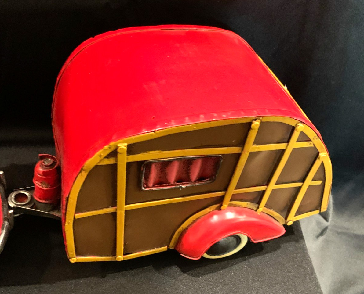 1940’s Woody Convertible w/Trailer Camper Display Tin Toy | Antiqued | New/Box