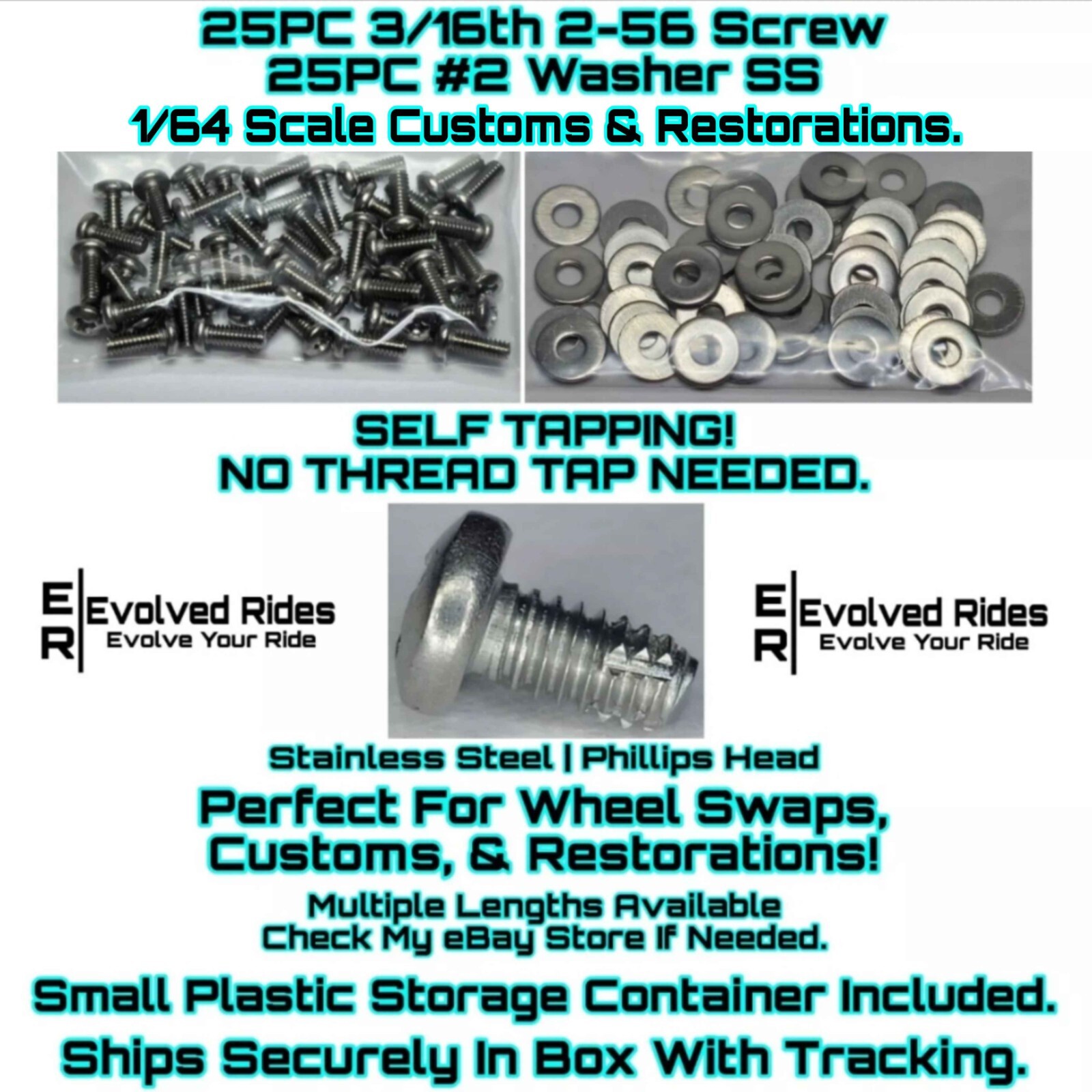 50pc Set 3/16th 2-56 Rivet Screw Self Tap For 1/64 Scale Customs Restorations