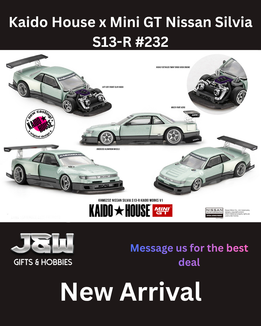 Kaido House x Mini GT Nissan Silvia S13R KAIDO WORKS V1 Sea Foam Green #232 1/64