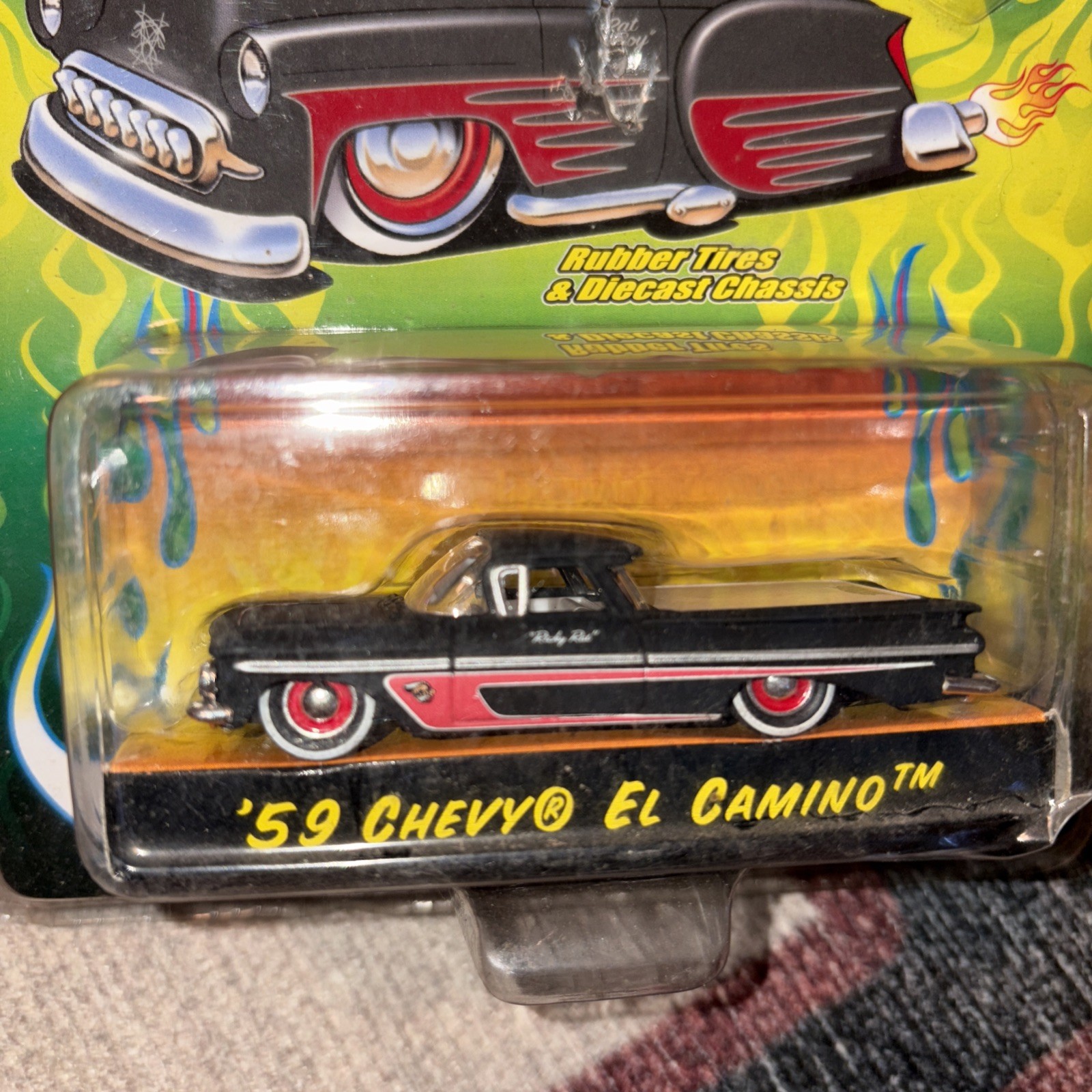 Jada Road Rats 1959 Chevy El Camino Rat Rod 1/64 Scale Diecast Black Flames NIP