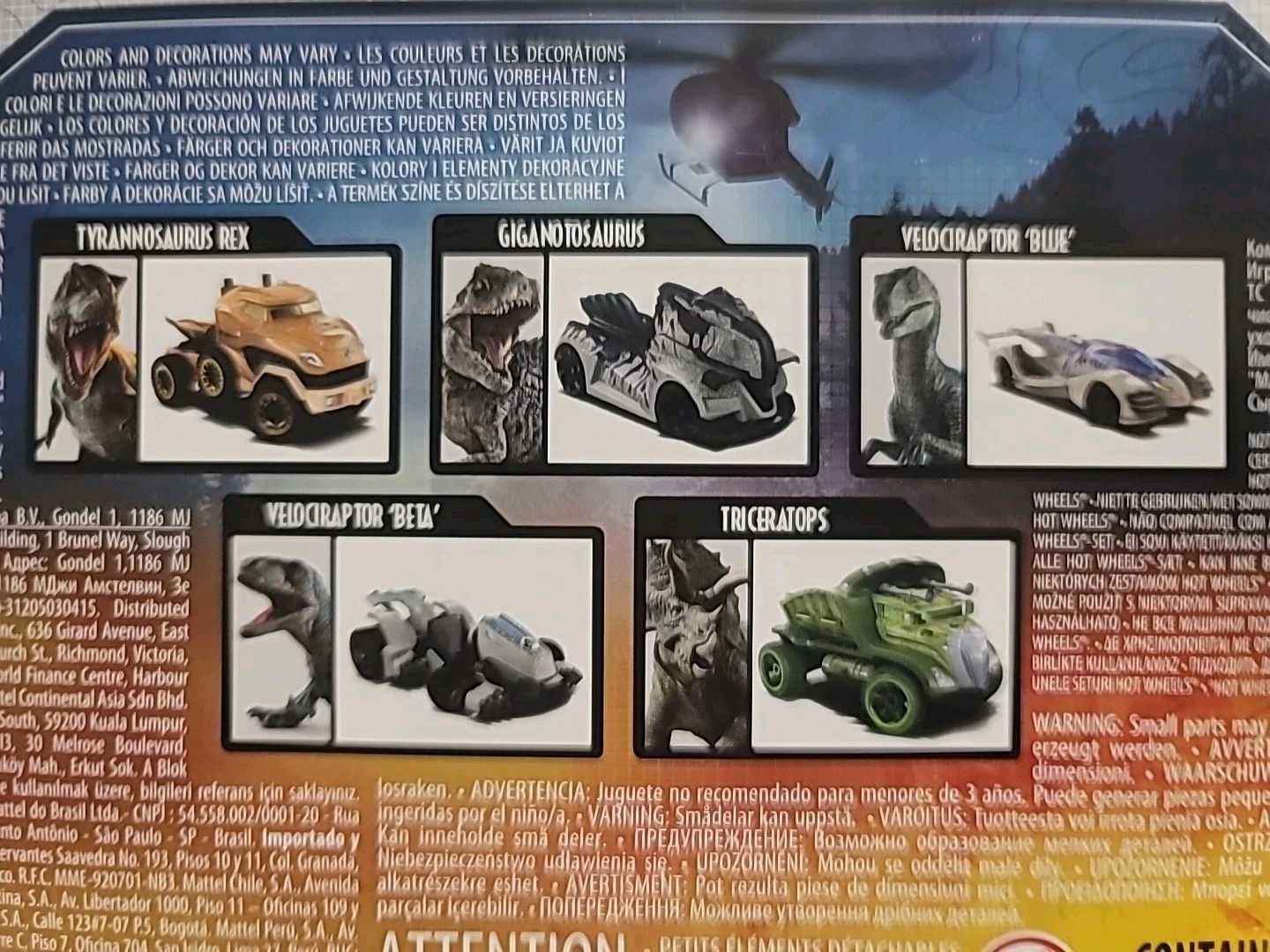 Jurassic World Dominion Hot Wheels 5 Dinosaur Designed Character Car Set GYJ92