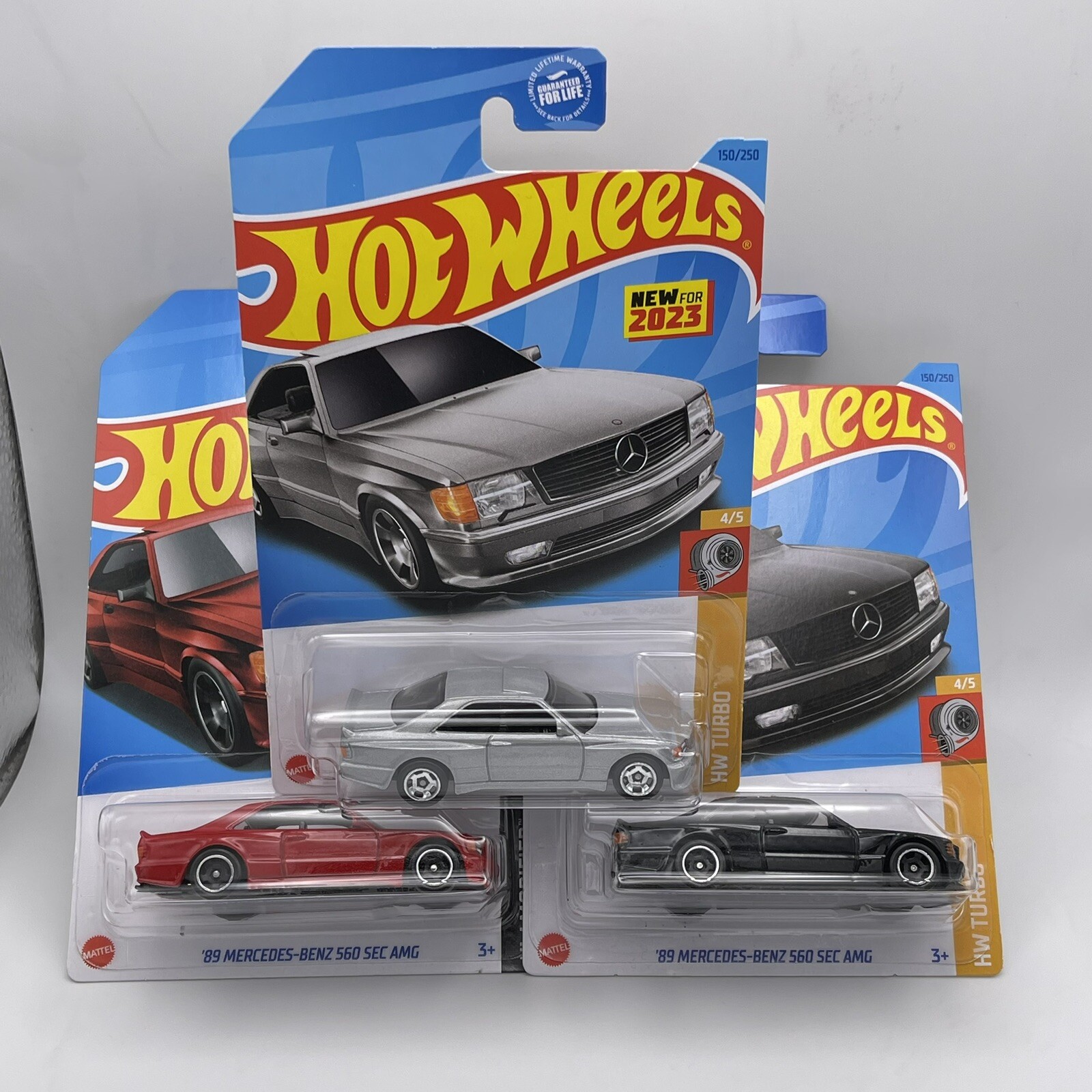 Hot Wheels 2024 ’89 Mercedes-Benz 560 SEC AMG Lot of 3 – Silver, Black, Red
