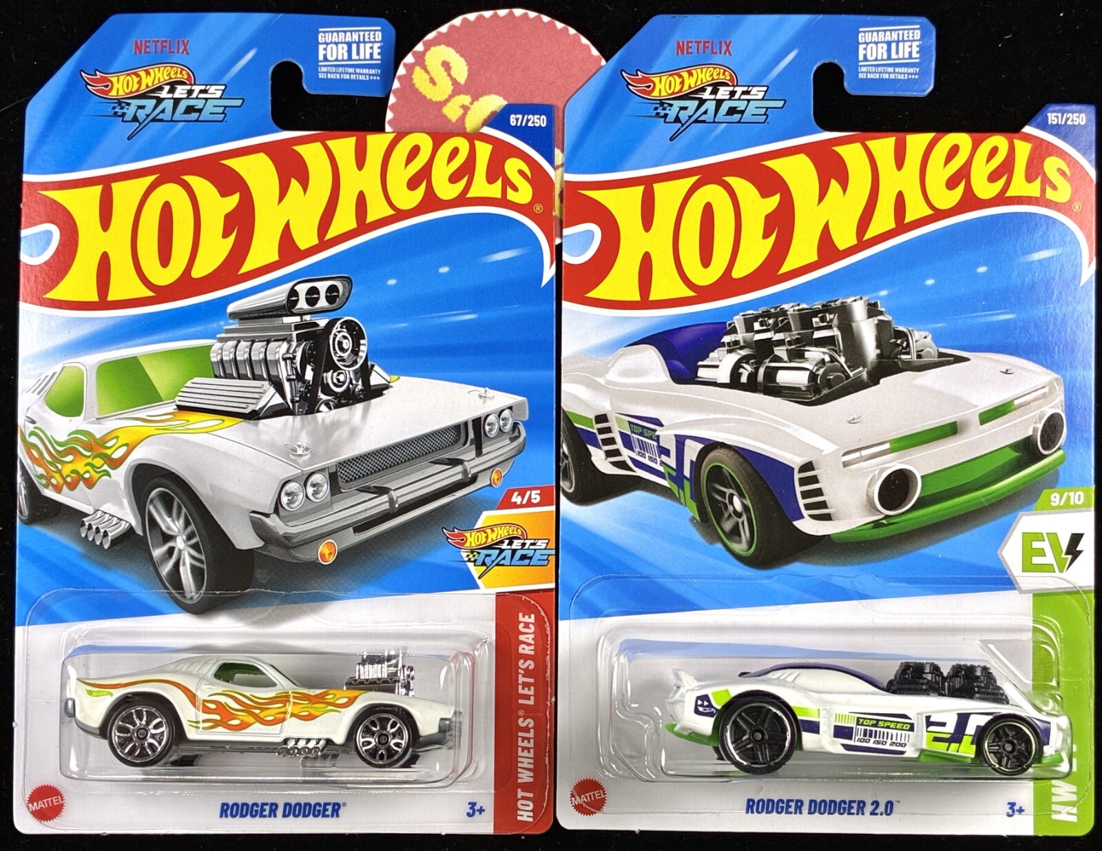 Hot Wheels Rodger Dodger & 2.0 2025, White With Flames,Netflix Let’s Race 2 Cars