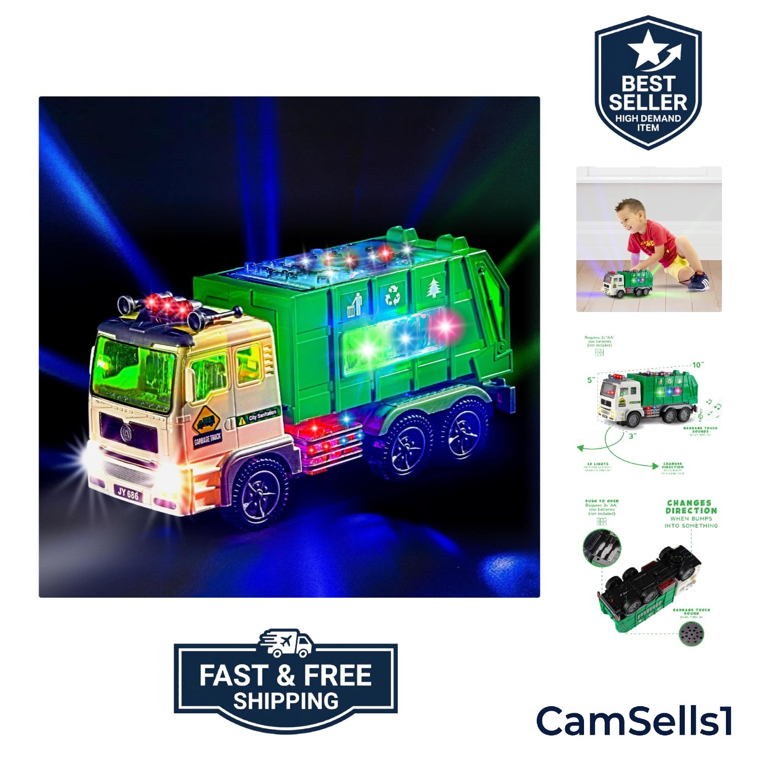 Toy Garbage Truck with 4D Lights & Sounds for Boys, Toddlers, Kids 3+ – Trash…