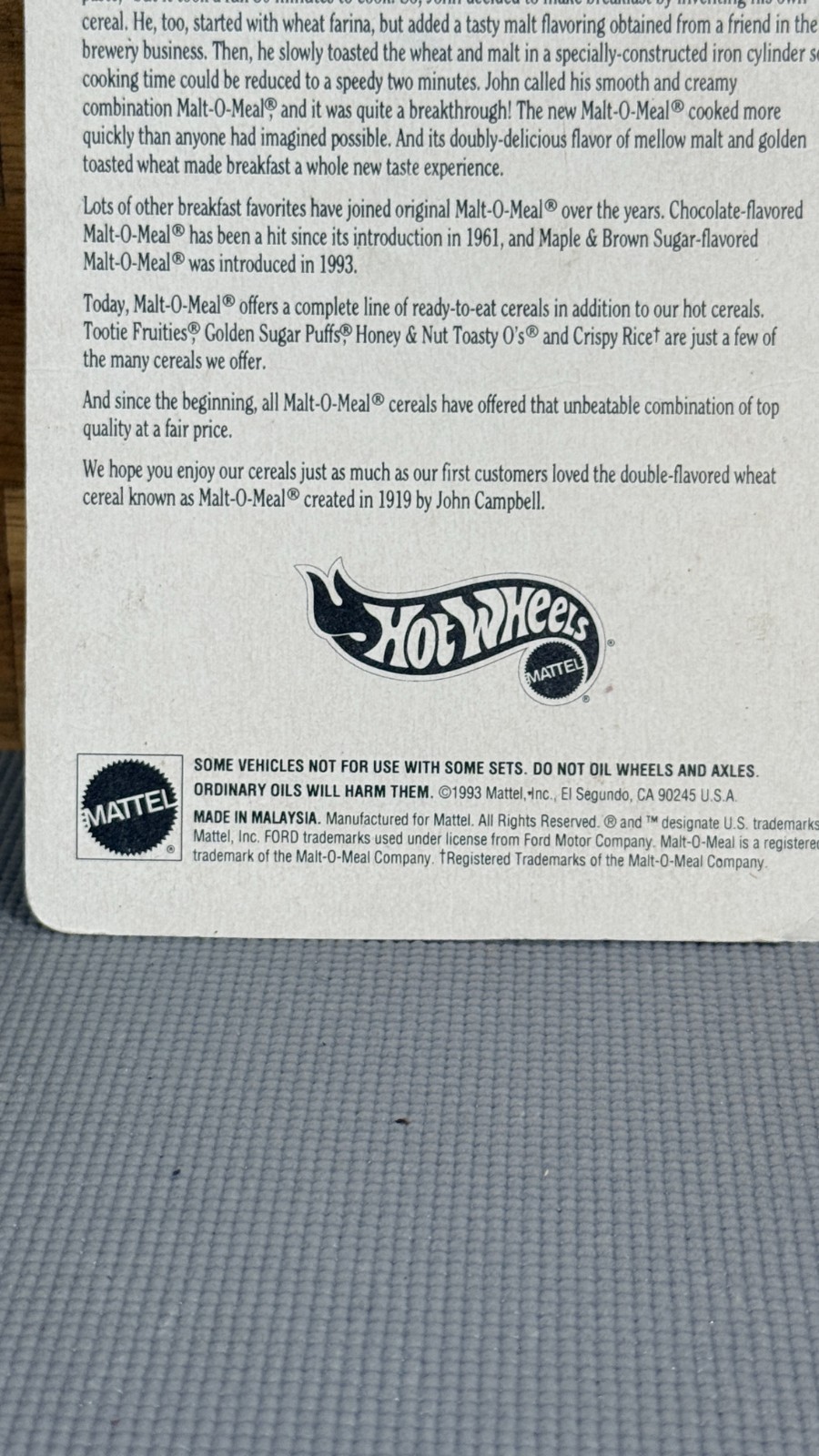 1993 Hot Wheels Malt-O-Meal 3-Window ’34 Limited Edition Sealed 1979 Base