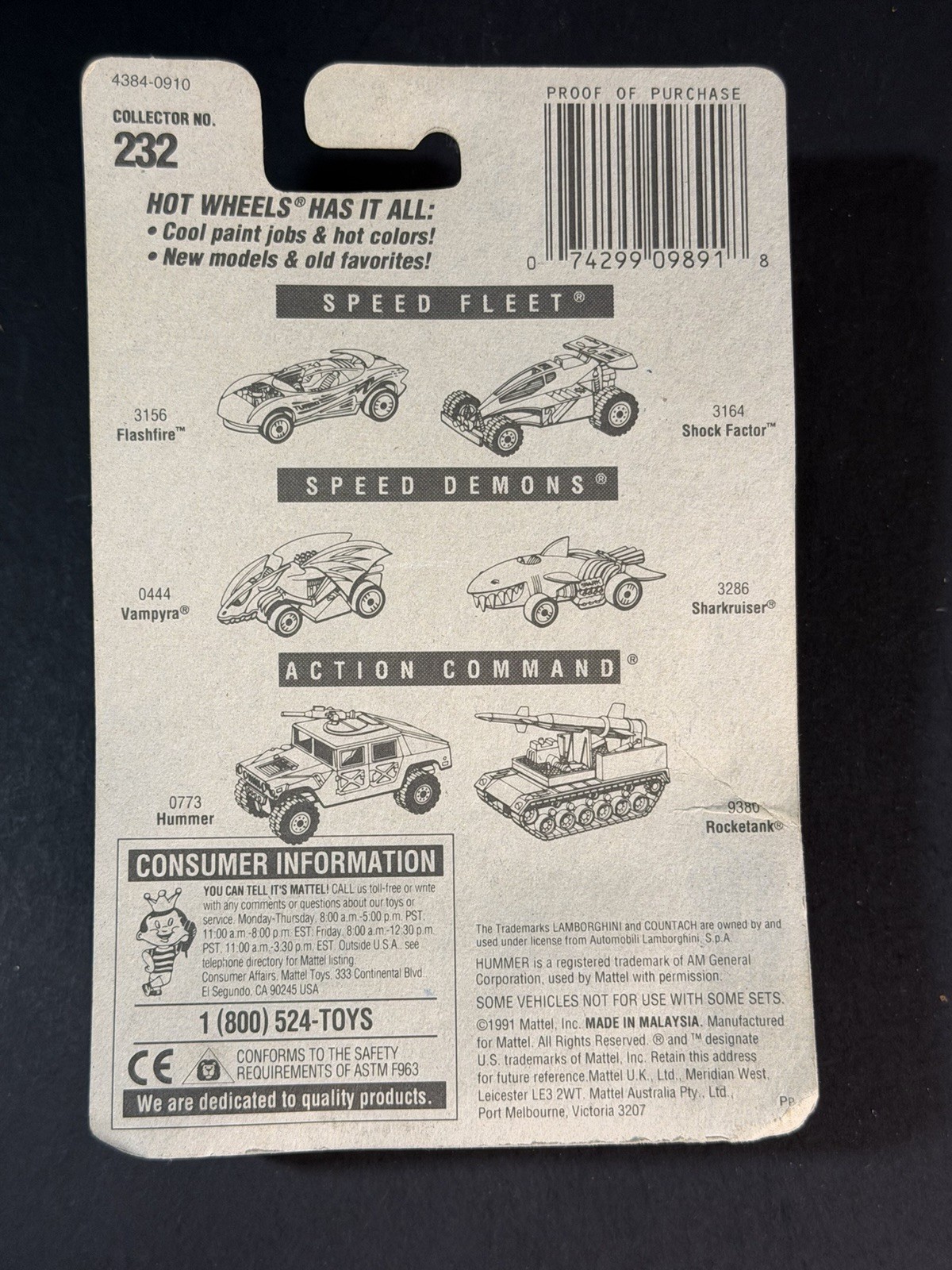 1991 Hot Wheels Lamborghini Countach #60 White UH Wheels True Blue Card