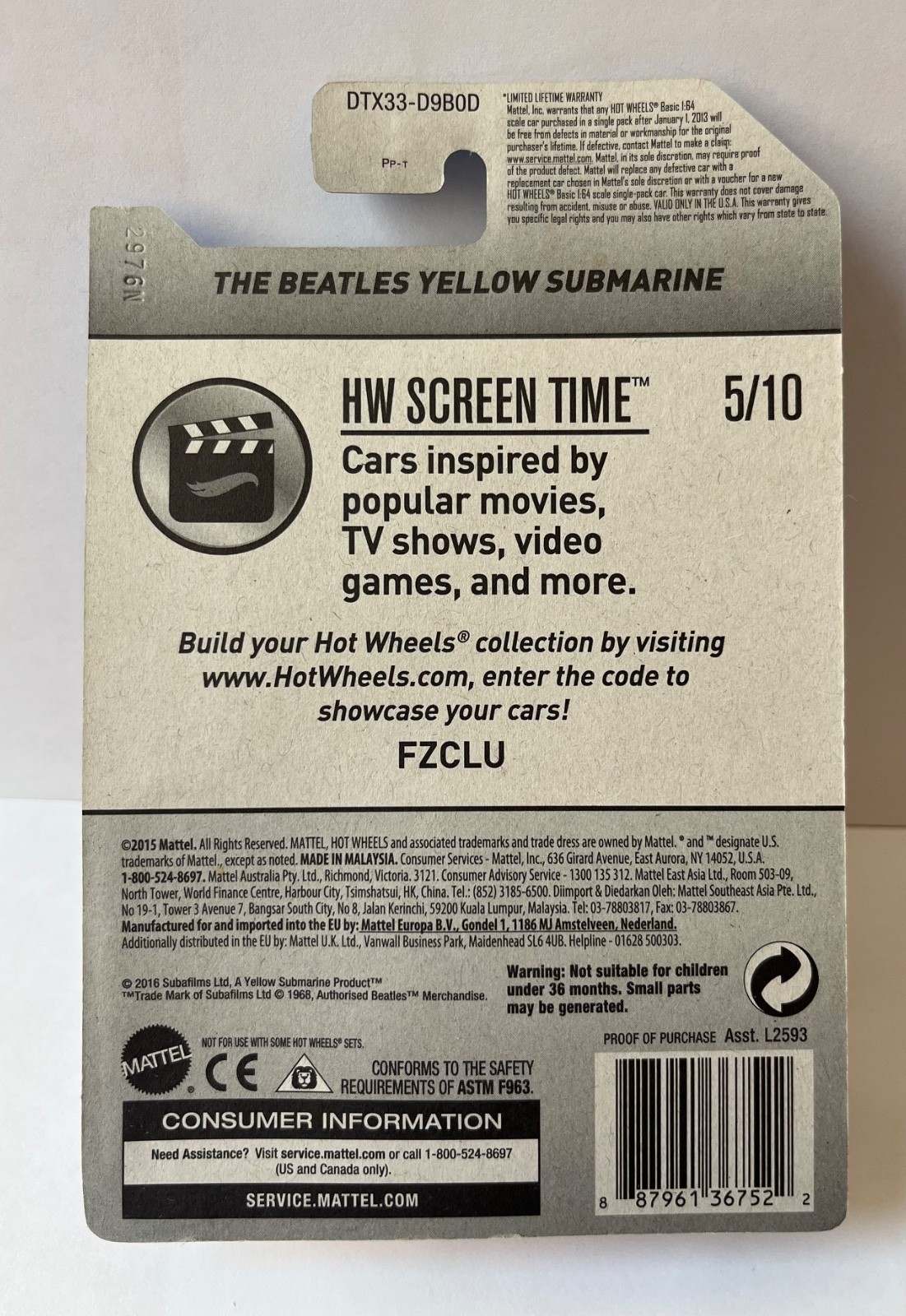 HOT WHEELS 2015 SCREEN TIME THE BEATLES YELLOW SUBMARINE 5/10