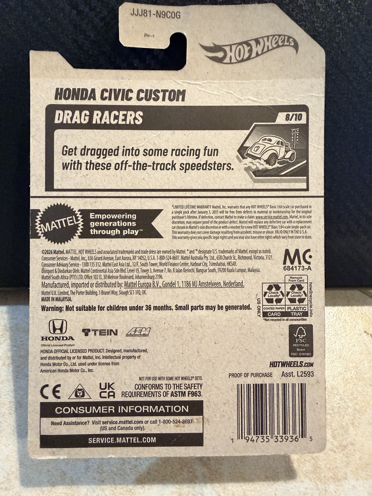 Hot Wheels Honda Civic Custom Drag Racers 1:64 Diecast Car Blue/Black