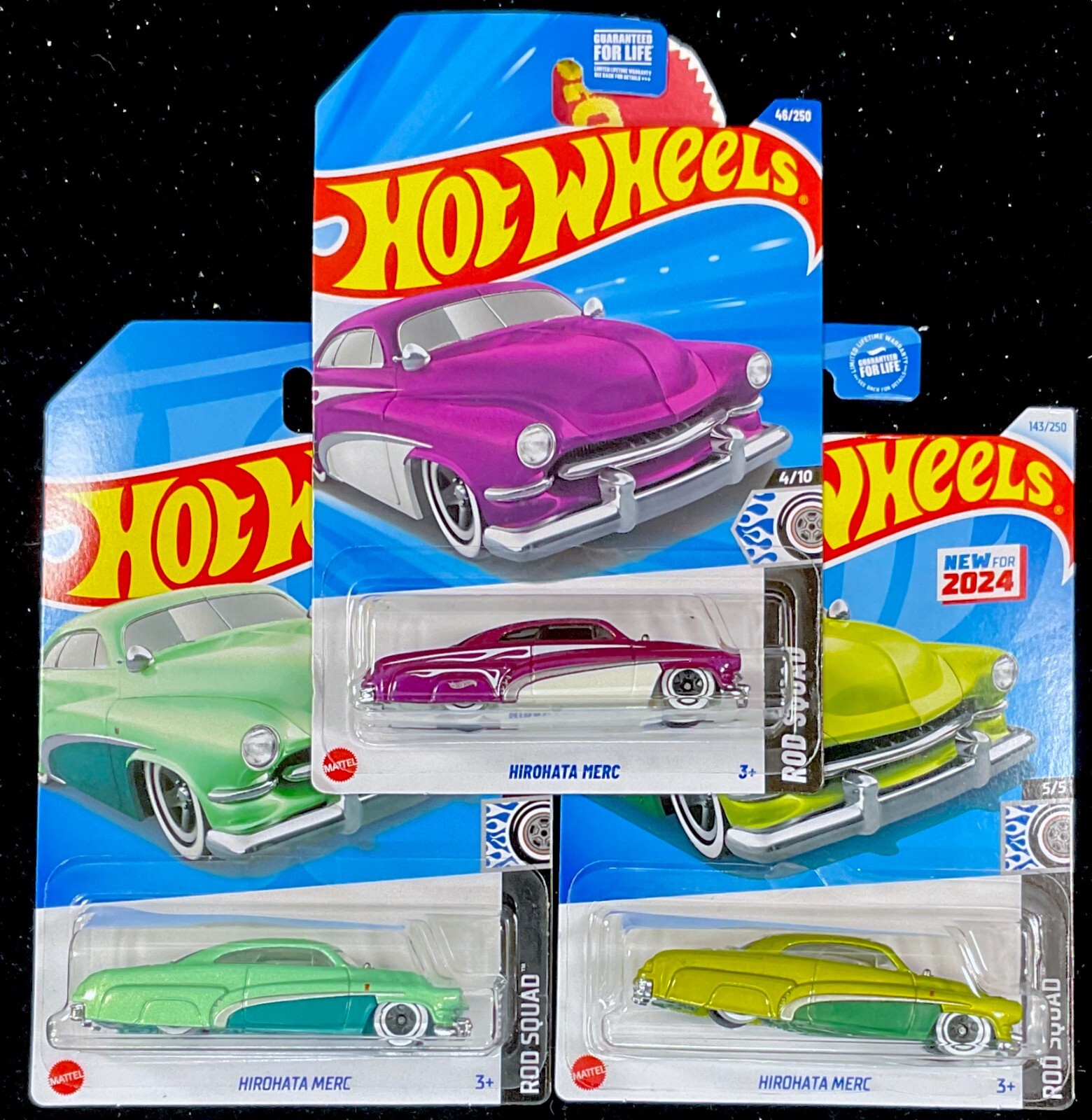 HOT WHEELS 2025,HIROHATA MERC #46, Mercury, Purple, w/ Green Rod Squad, Lot of 3