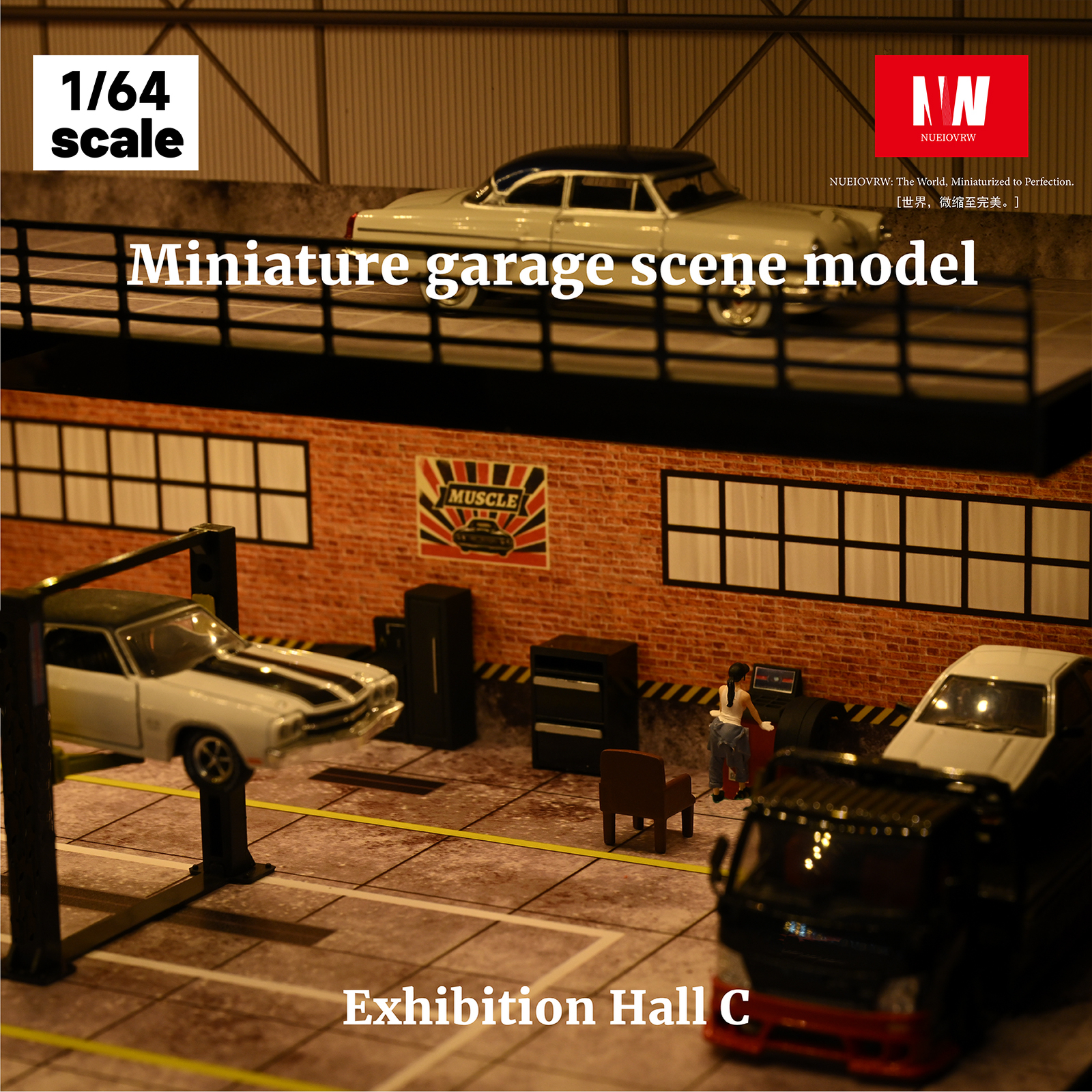 1/64 Diorama Car Garage Model LED Lighting Car Showroom Scene Display Model Gift