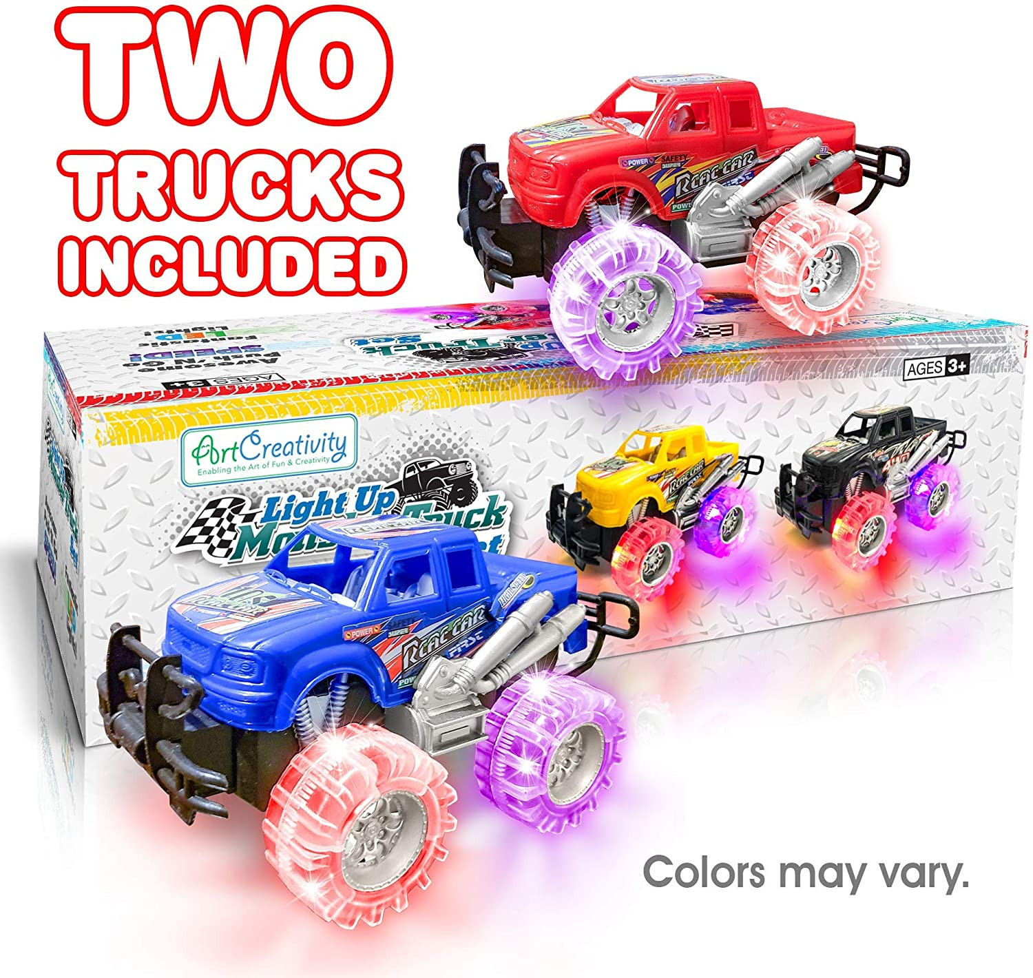 Light-Up Monster Truck Toys (2-Pack) – Push-&-Go Cars with Glowing Wheels – Birt