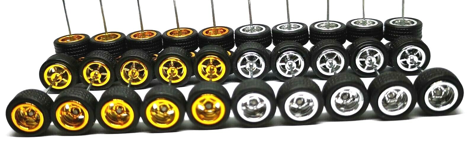 Hot Wheels 5 Spoke Rubber Tire – 10 sets JDM (2 colors MIX 5 Gold + 5 Chrome)