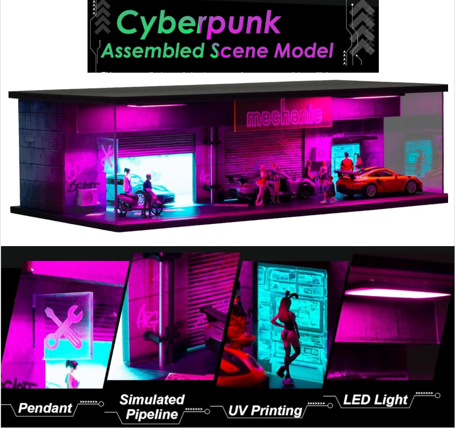 1/64 Diorama Car Garage Model LED Cyberpunk Parking Lot Collection Scene Gift US