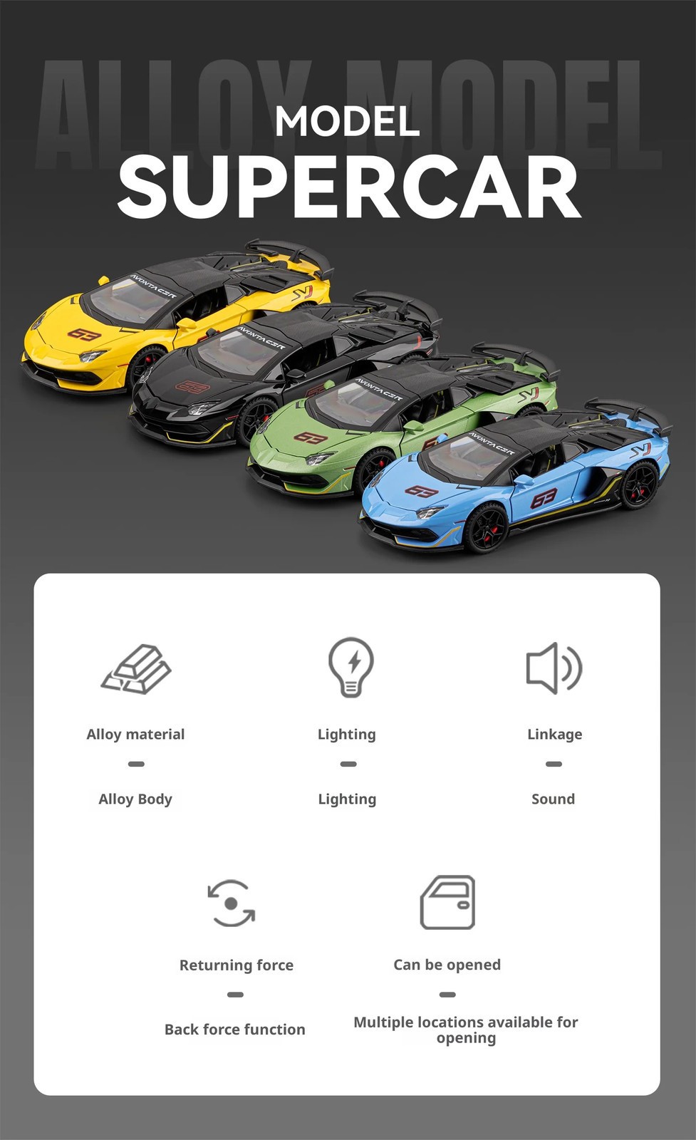 1/32 Lamborghini SVJ63 Alloy Diecast Sports Car Model Sound and Light Pull Back