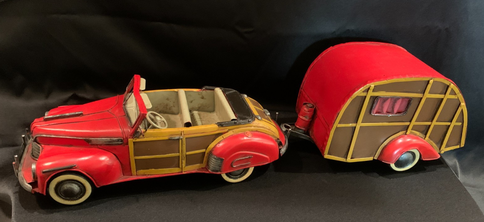 1940’s Woody Convertible w/Trailer Camper Display Tin Toy | Antiqued | New/Box