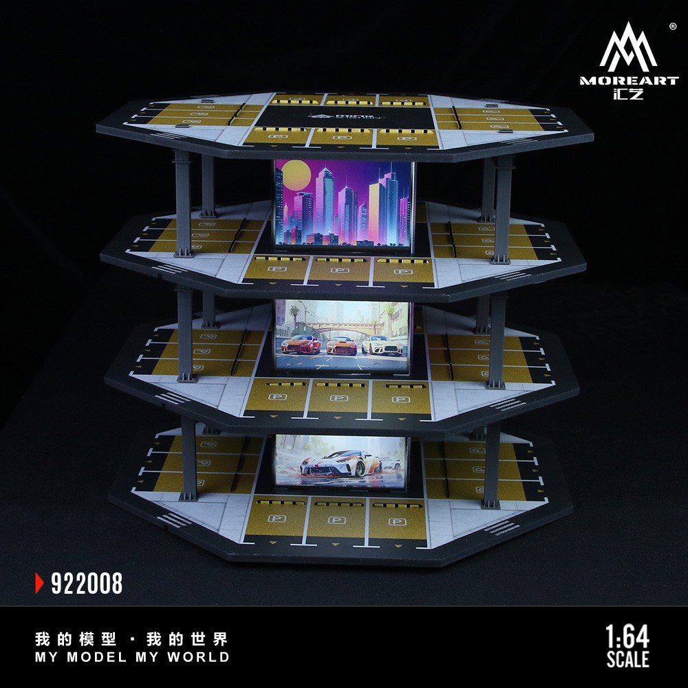 1/64 Diorama Diecast Car Garage Model LED Parking Lot Street Building Scene Gift