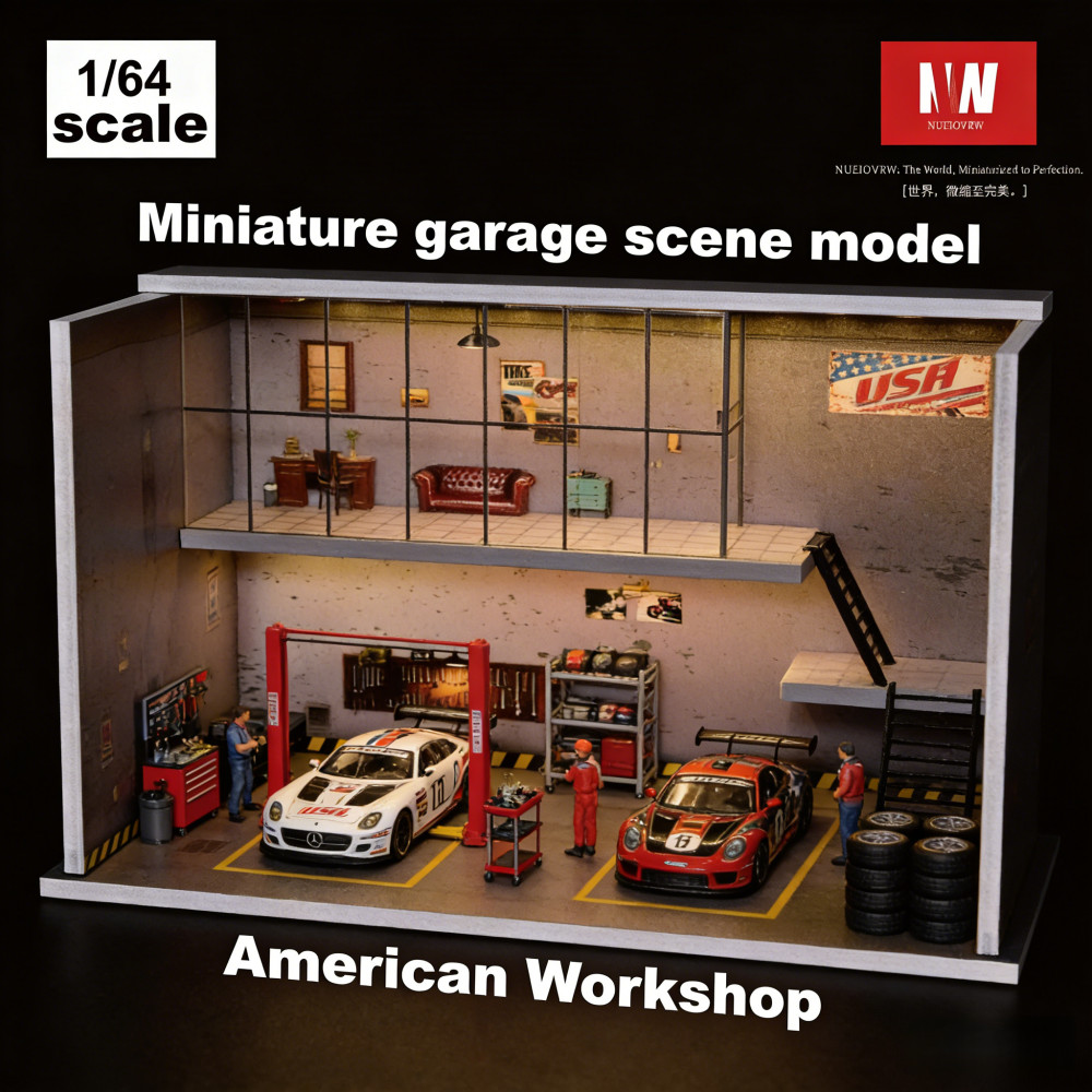 Diorama 1/64 Car Garage Model LED Car Repair Workshop ParkingLot Display Cabinet