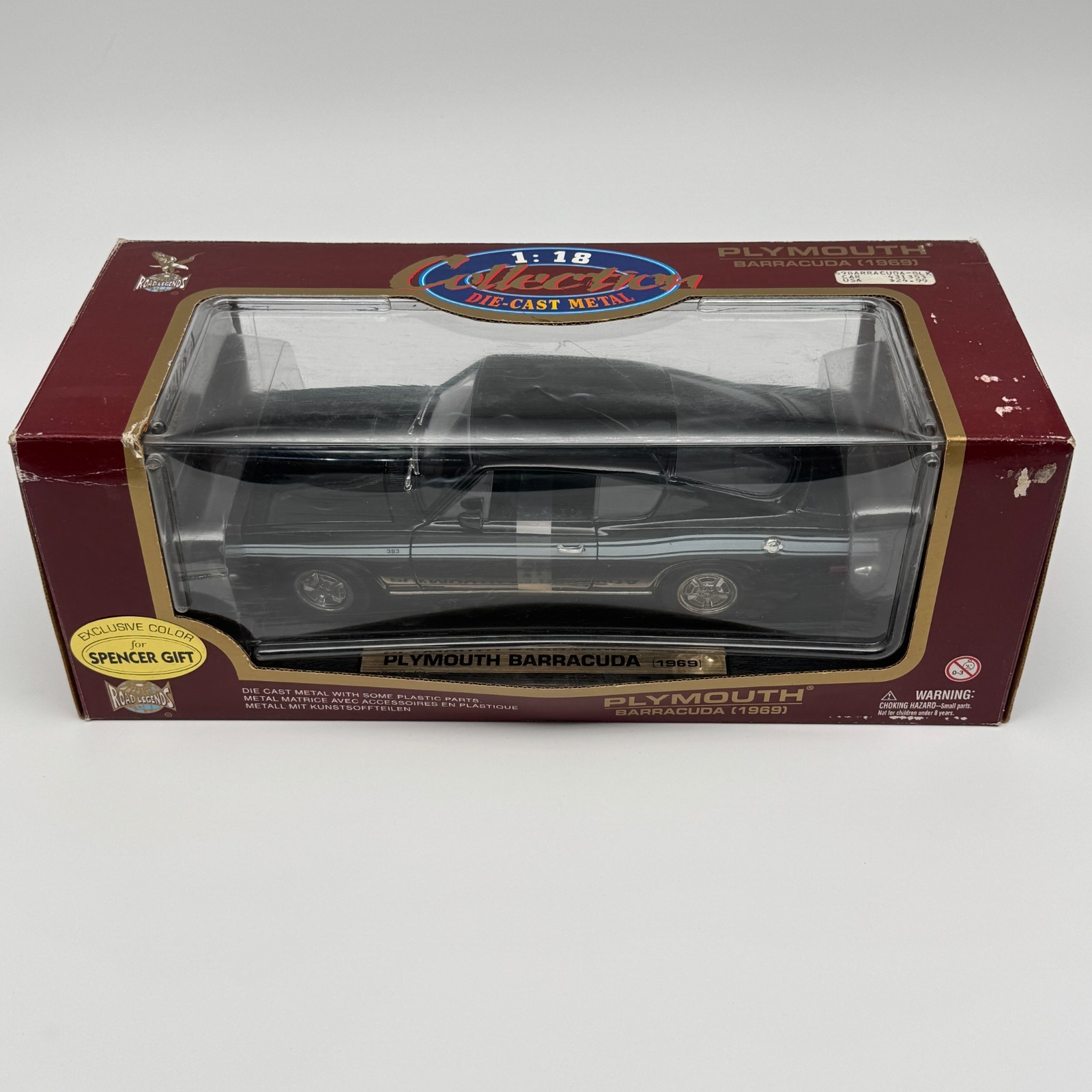 Road Legends 1969 Plymouth Barracuda Black Silver Stripe 1:18 Scale Diecast