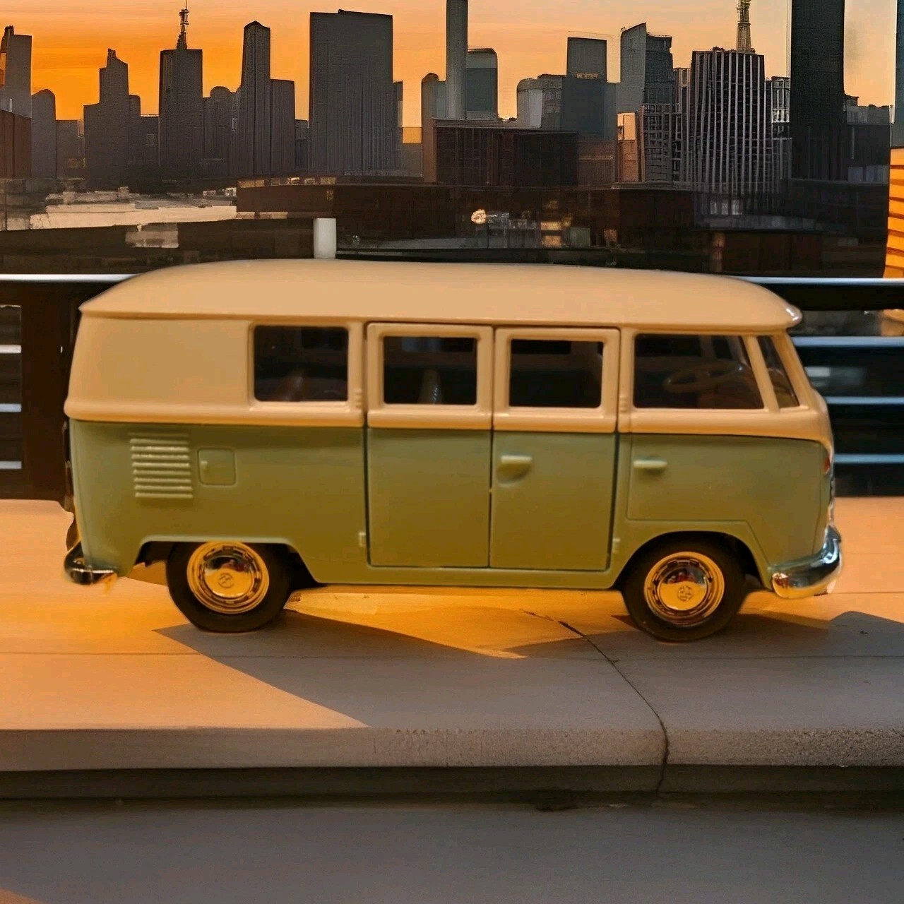 1:31 VW Volkswagen Bus Blue White Diecast Model Car With Stand & Box Opening New