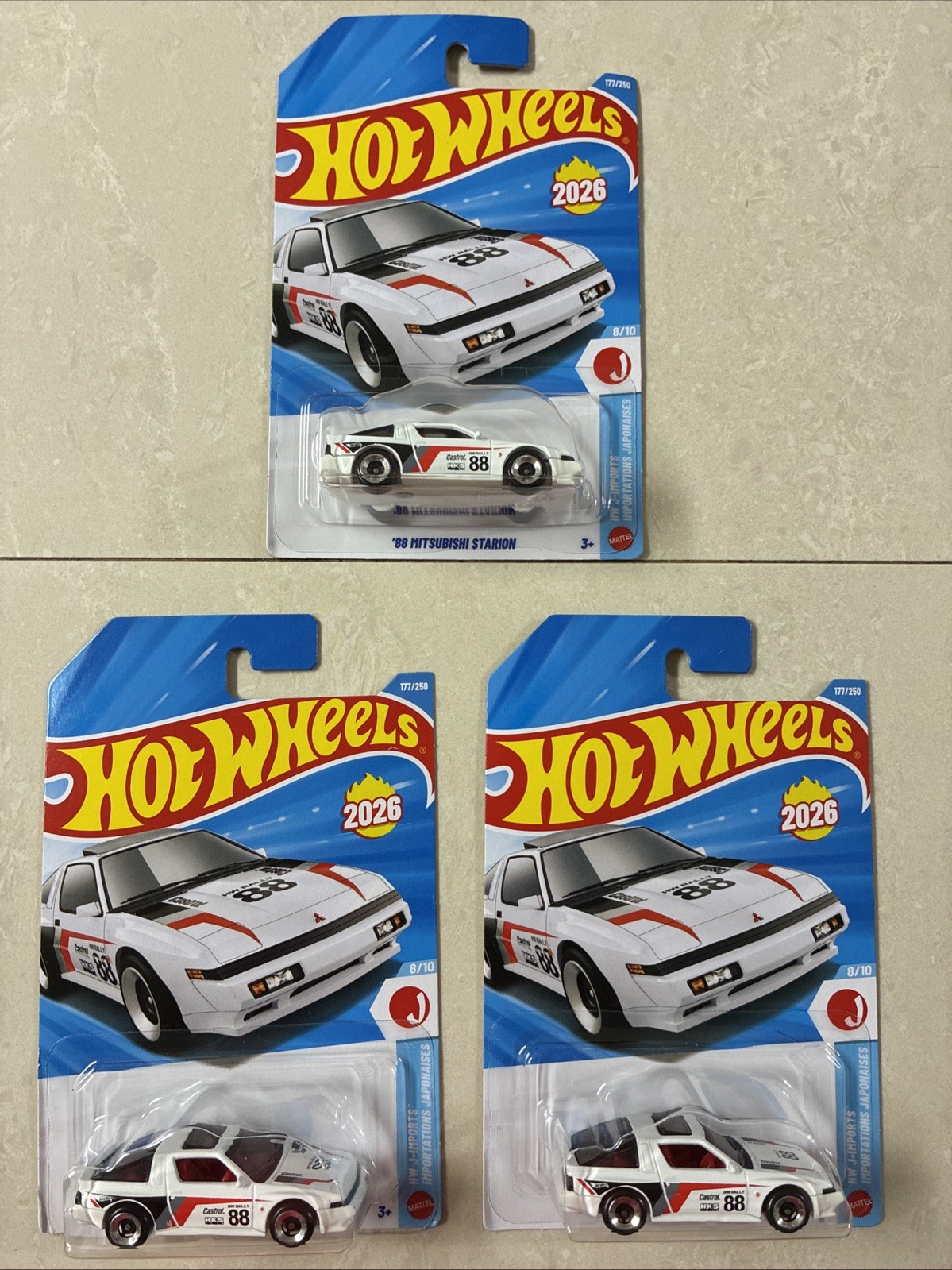 3 Hot Wheels ’88 Mitsubishi Starion Mainline 2026 177/250 HW J-Imports 8/10 Lot