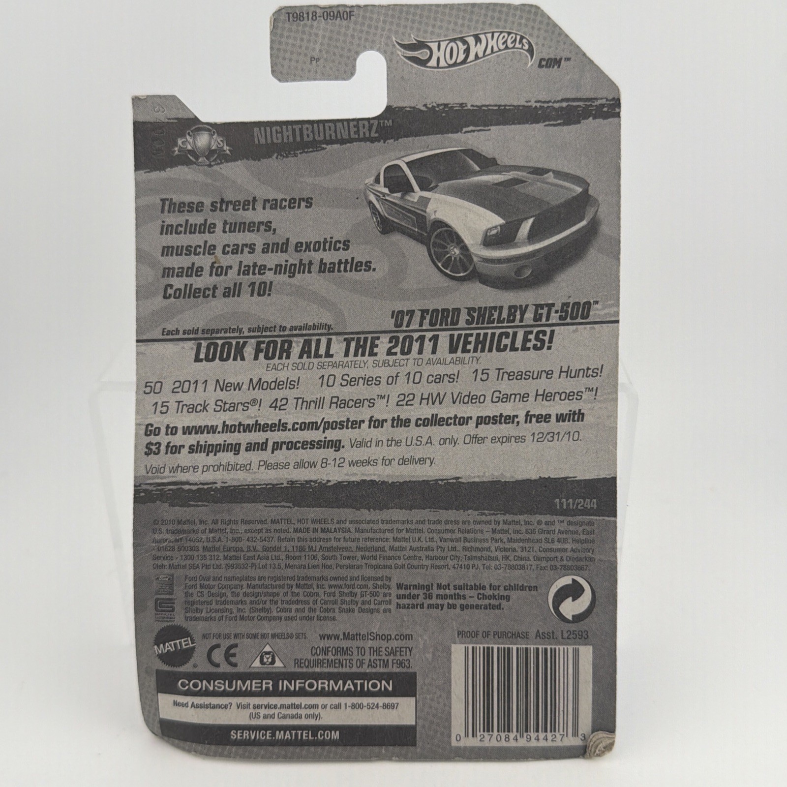 2011 Hot Wheels *KMART Exclusive Color* ’07 Ford Shelby GT-500 -white #111 1/10