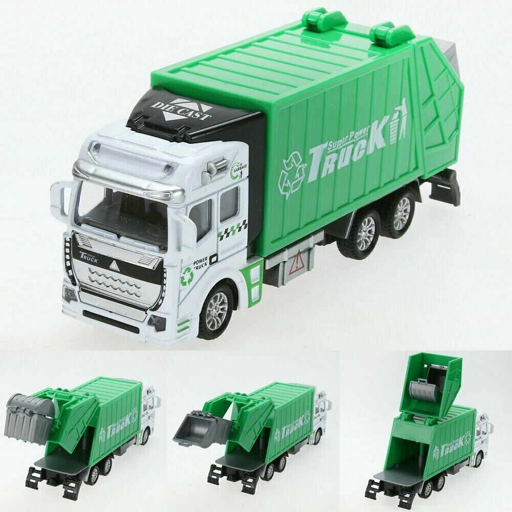 1:48 Scale Pull Back Alloy Car Model Garbage Truck Kids Child Car Toy Gift Green