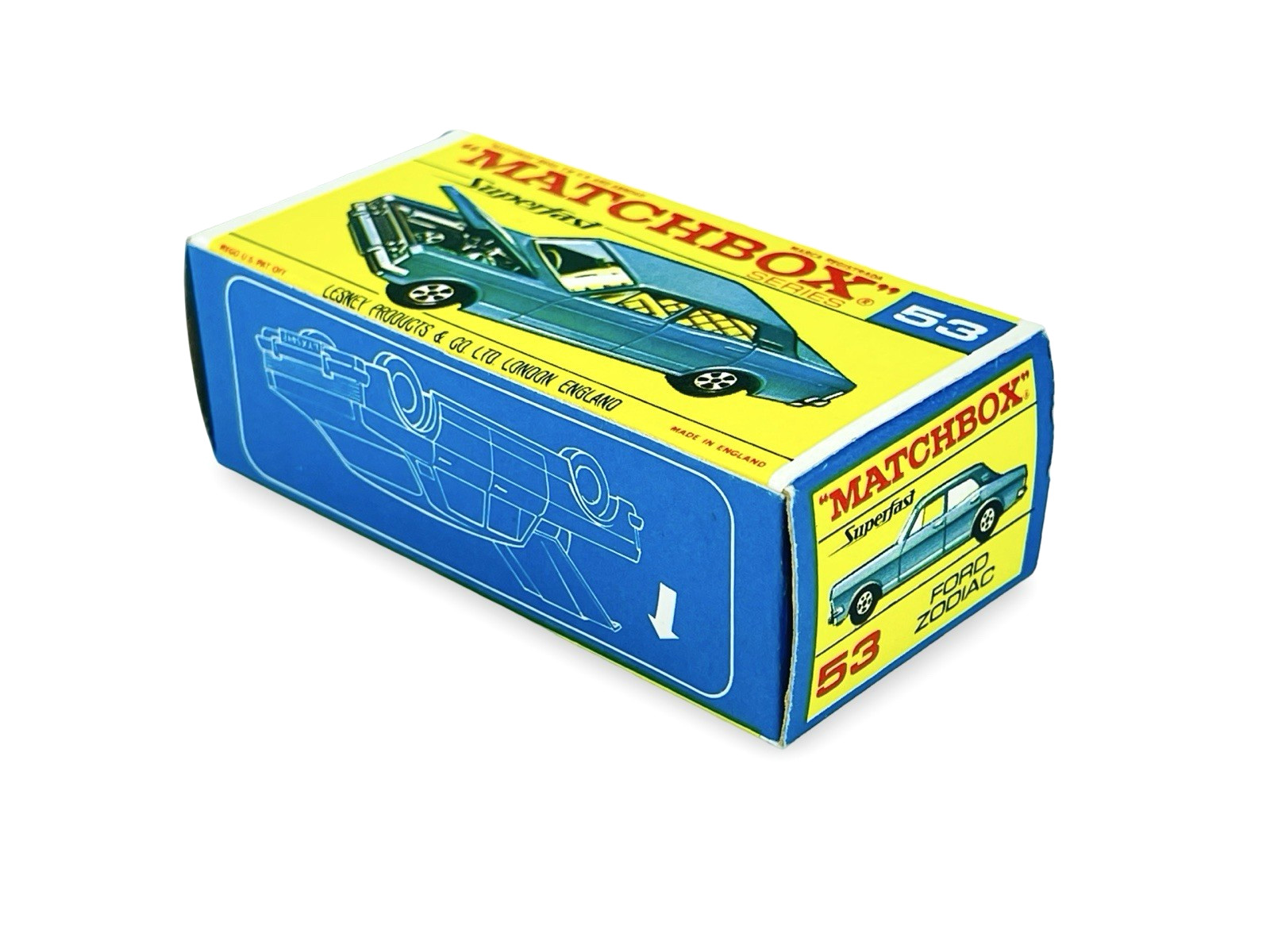 Matchbox Lesney Superfast MB53 Green Ford Zodiac w/Original MB F2 Script Box