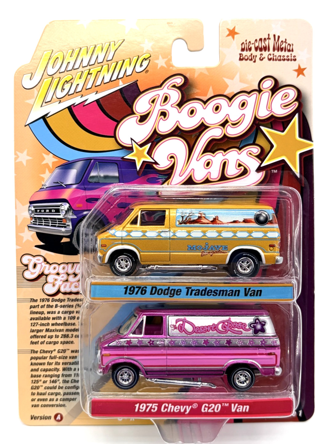 Johnny Lightning’76 Dodge Tradesman Van/’95 Chevy G20 Van Boogie Night 2 PK 1:64