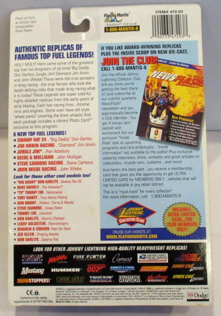 JOHNNY WHITE LIGHTNING NHRA DRAG RACING LEGENDS JUNGLE JIM ’73 TOP FUEL DRAGSTER