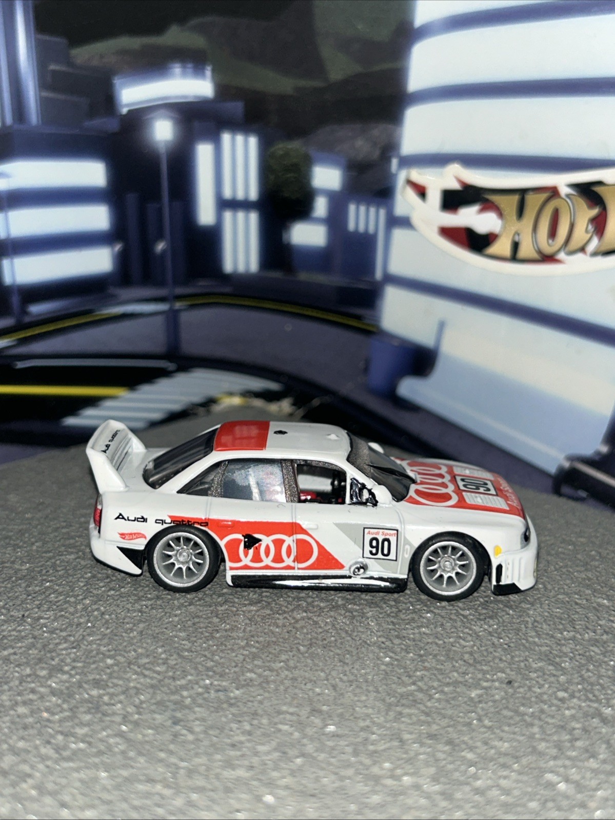 Hot Wheels Silver series Audi 90 Quattro white modified into negative camber