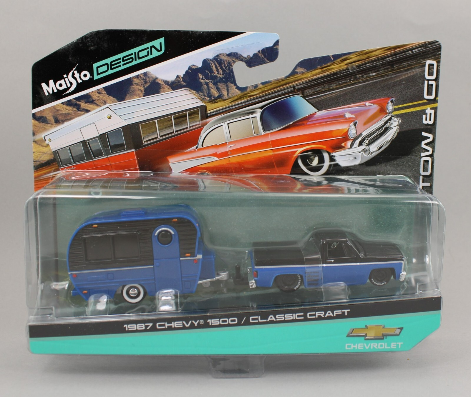 1:64 MAISTO Design *BLACK & BLUE* 1987 Chevy 1500 Square Body w/CAMPER Trailer