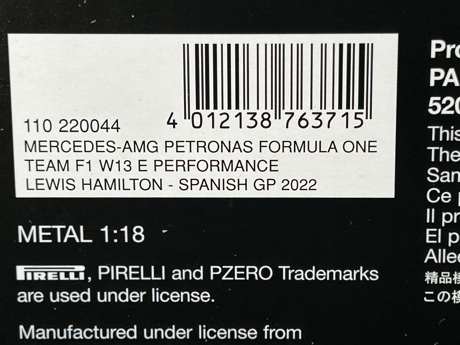 1/18 Minichamps – 2022 MERCEDES-AMG F1 W13 E #44 – LEWIS HAMILTON – SPANISH GP