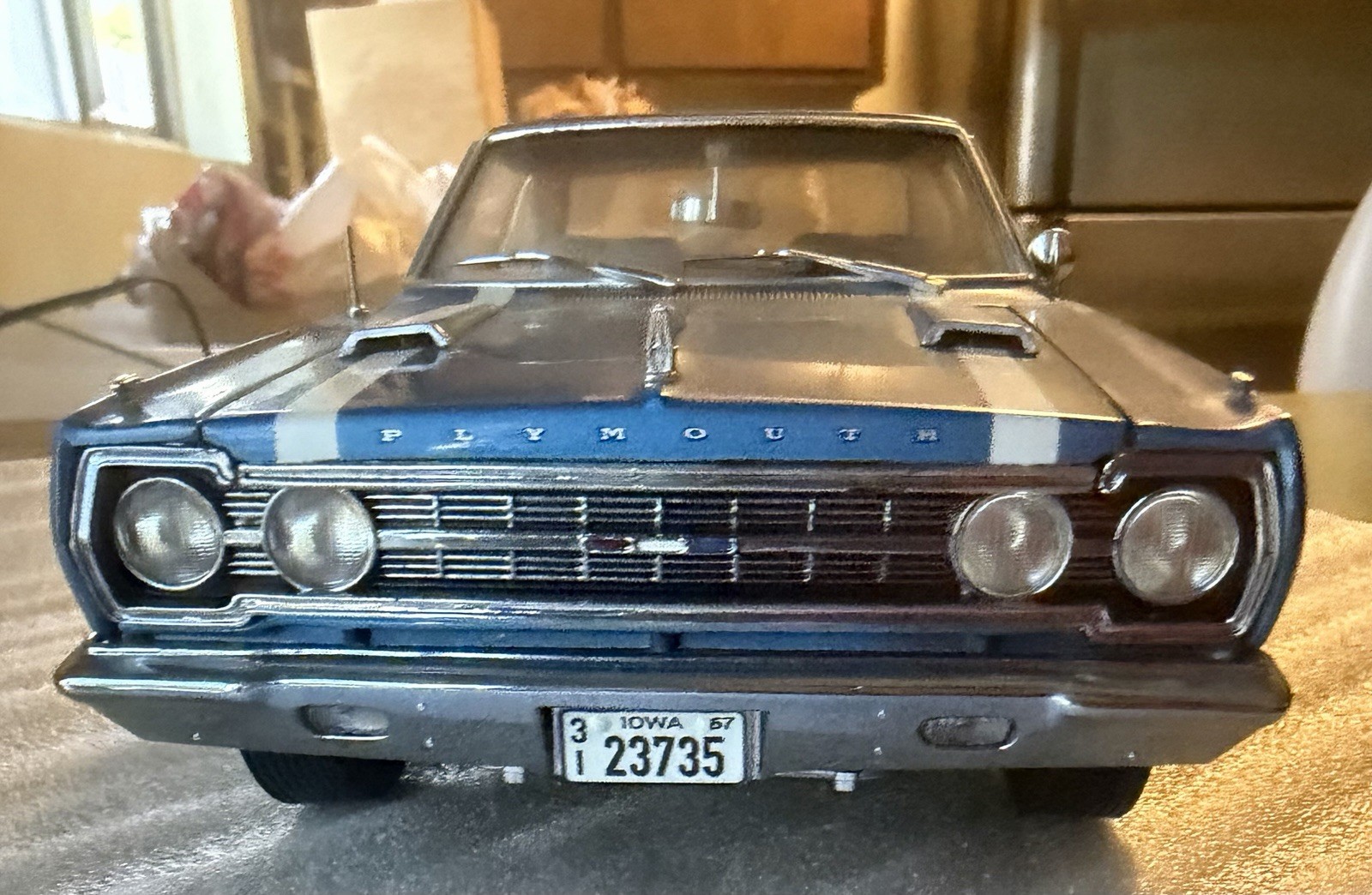 Plymouth Diecast Model Car Blue w/ White Stripes Opening Doors License Plate
