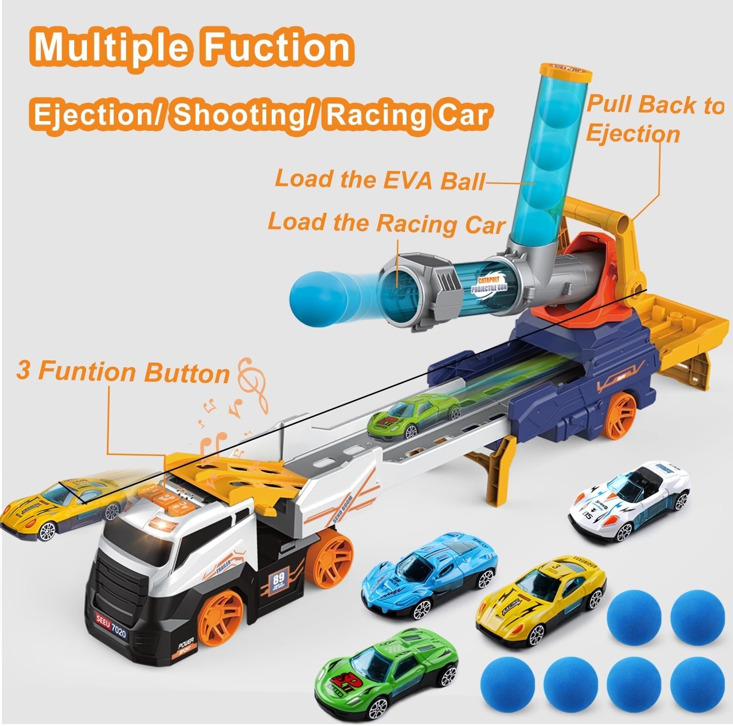 Interactive Ejection Truck Toy with Racing Cars for Boys and Girls Ages 3 Plus