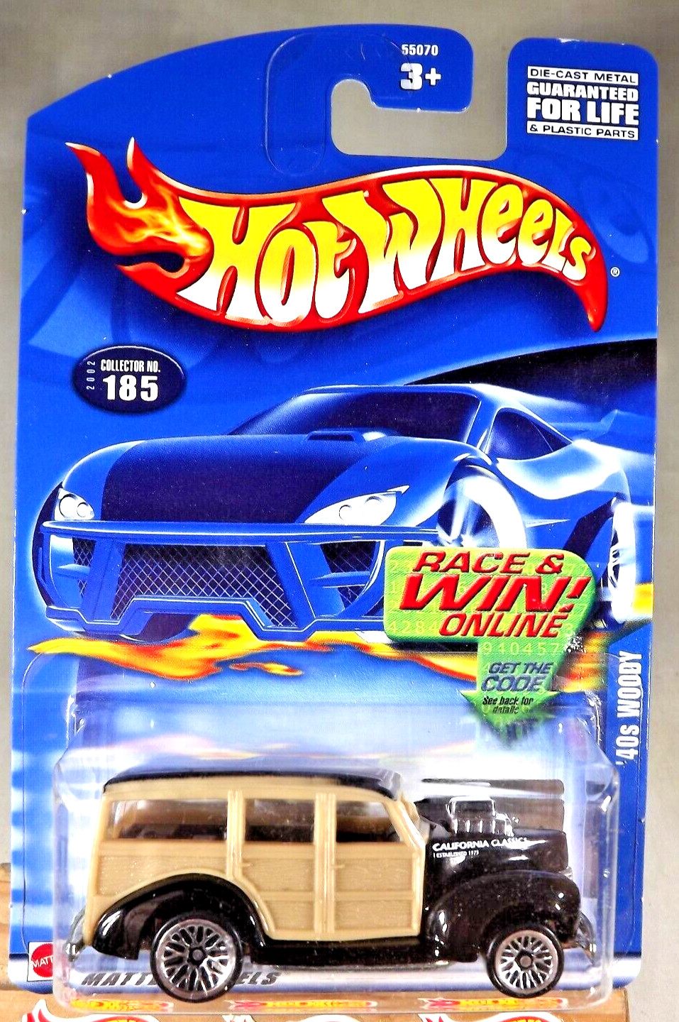 2002 Hot Wheels Mainline/Collector #185 ’40s WOODY Black-Tan Unpntd-Base wLaceSp