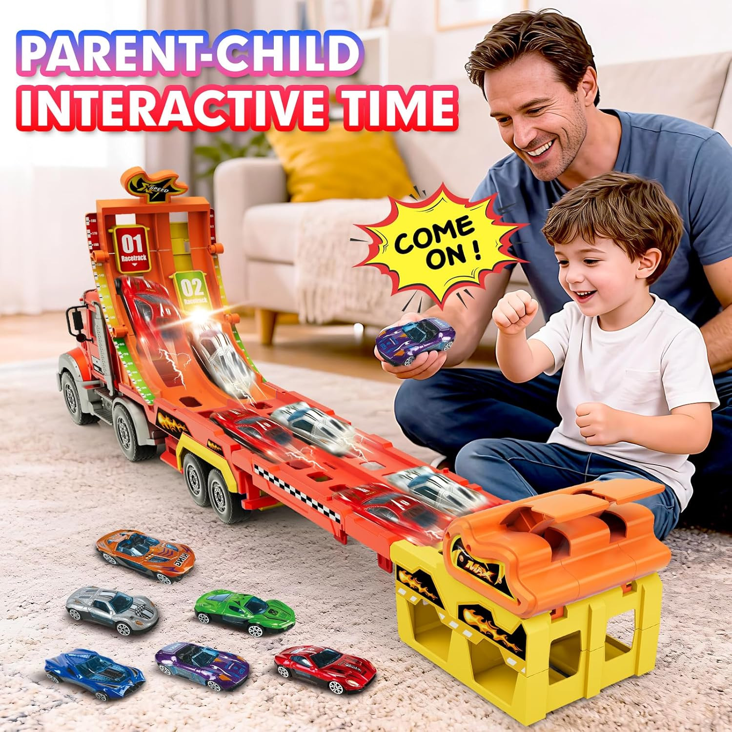 Truck Car Toys for 3, 4, 5, 6, 7, 8 Years Old Kids, Carrier Truck Race Track Toy