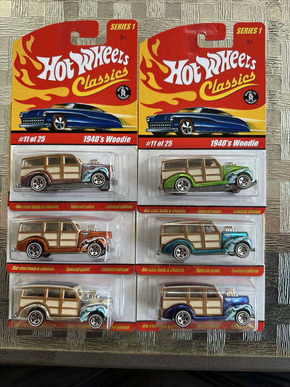 Hot Wheels Series 1 Classics 1940s Woodie Lot Of 6 Different Colors- Metal Base!