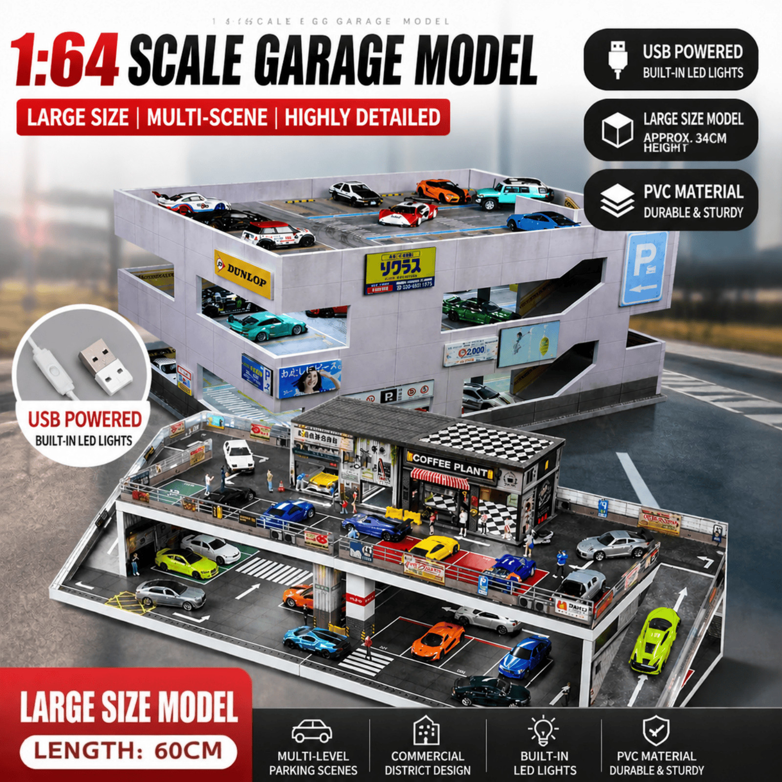 Diorama 1/64 Parking Lot Model LED Lighting Factory Garage Scene Model Toy US