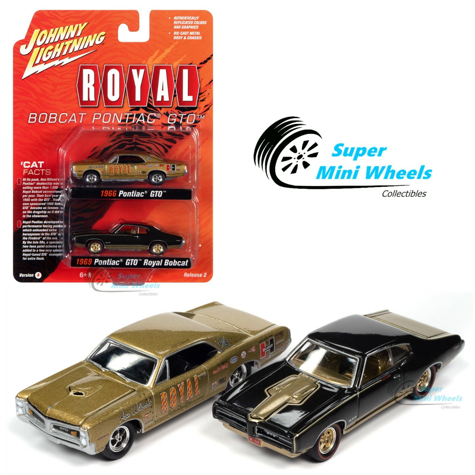 Johnny Lightning 2-Pack 1966 Pontiac GTO Gold & 1969 Pontiac GTO Black