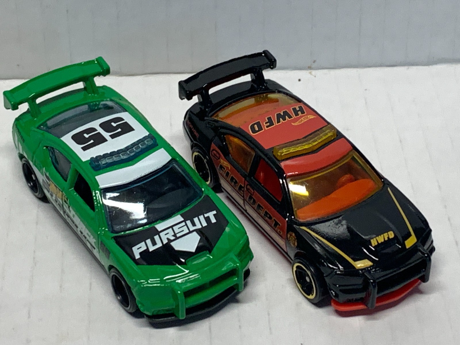 HOT WHEELS DODGE CHARGER PURSUIT X2. 2021 BLACK FIRE DEPT. & 2023 GREEN LOOSE
