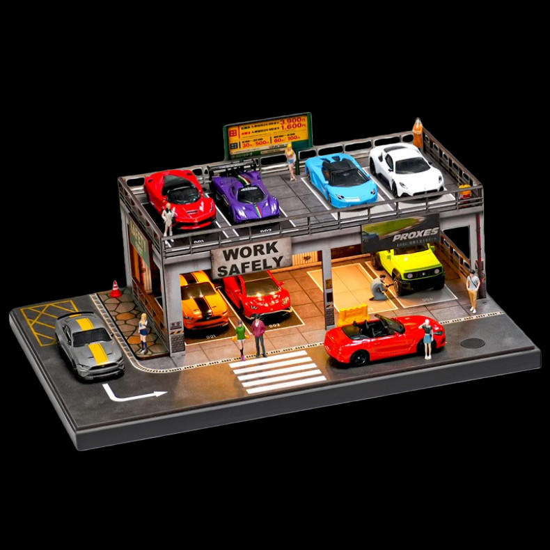 Diorama 1:64 Car Garage Model LED Lighting Repair Shop Building Scene Model Toy