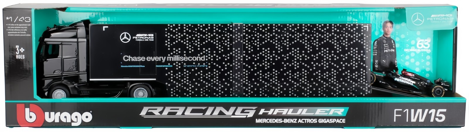 Bburago 1:43 Mercedes-Benz Actros Gigaspace & F1W15 #63 Russell – Racing Hauler