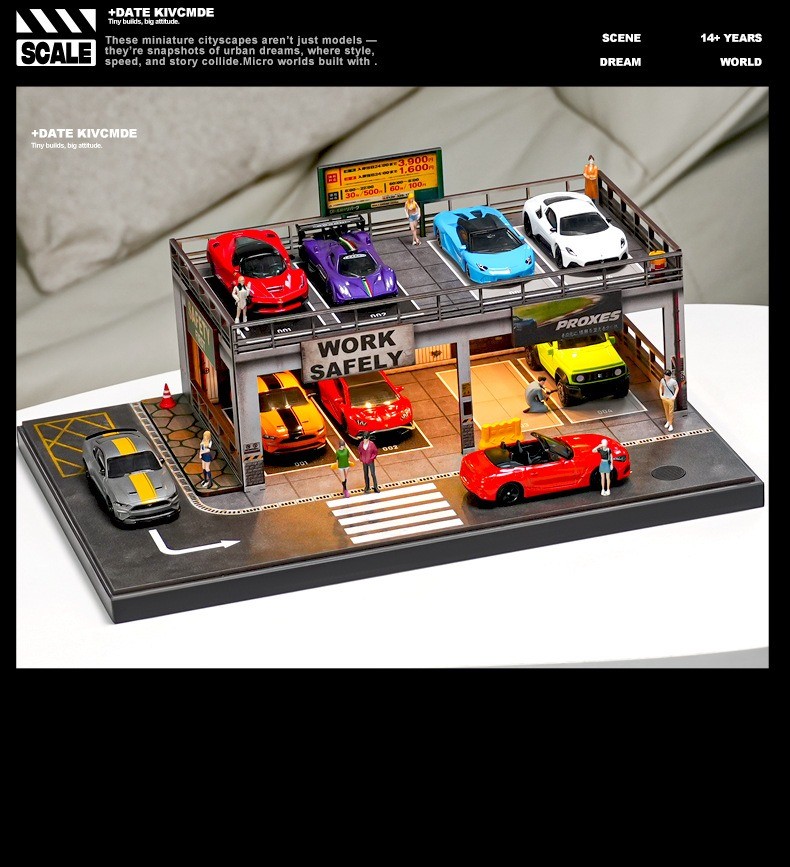 Diorama 1:64 Car Garage Model LED Lighting Repair Shop Building Scene Model Toy